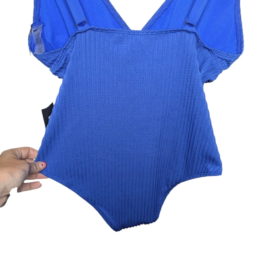 Fashion Nova Textured One Piece Swimsuit Large Royal Blue Padded V Neck Surf NWT